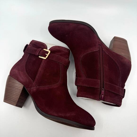 Diba Sleek Buckle Ankle Bootie Side Zipper Block Heel Burgundy Womens Size US7.5 - Picture 2 of 9